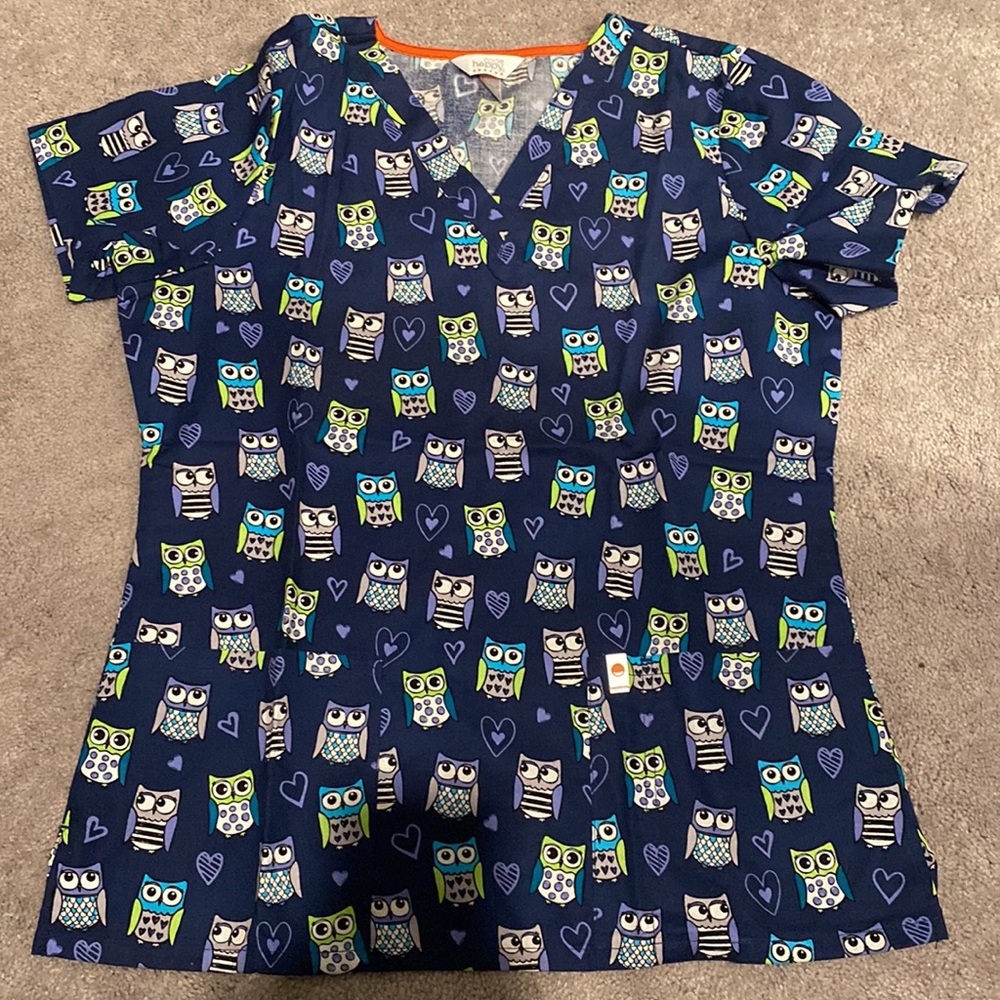 Cute owl print blue scrub top size M Code Happy brand